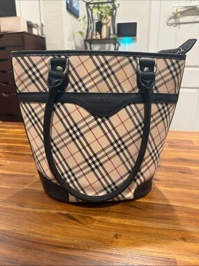 Burberry Beige Plaid Tote with Black Trim